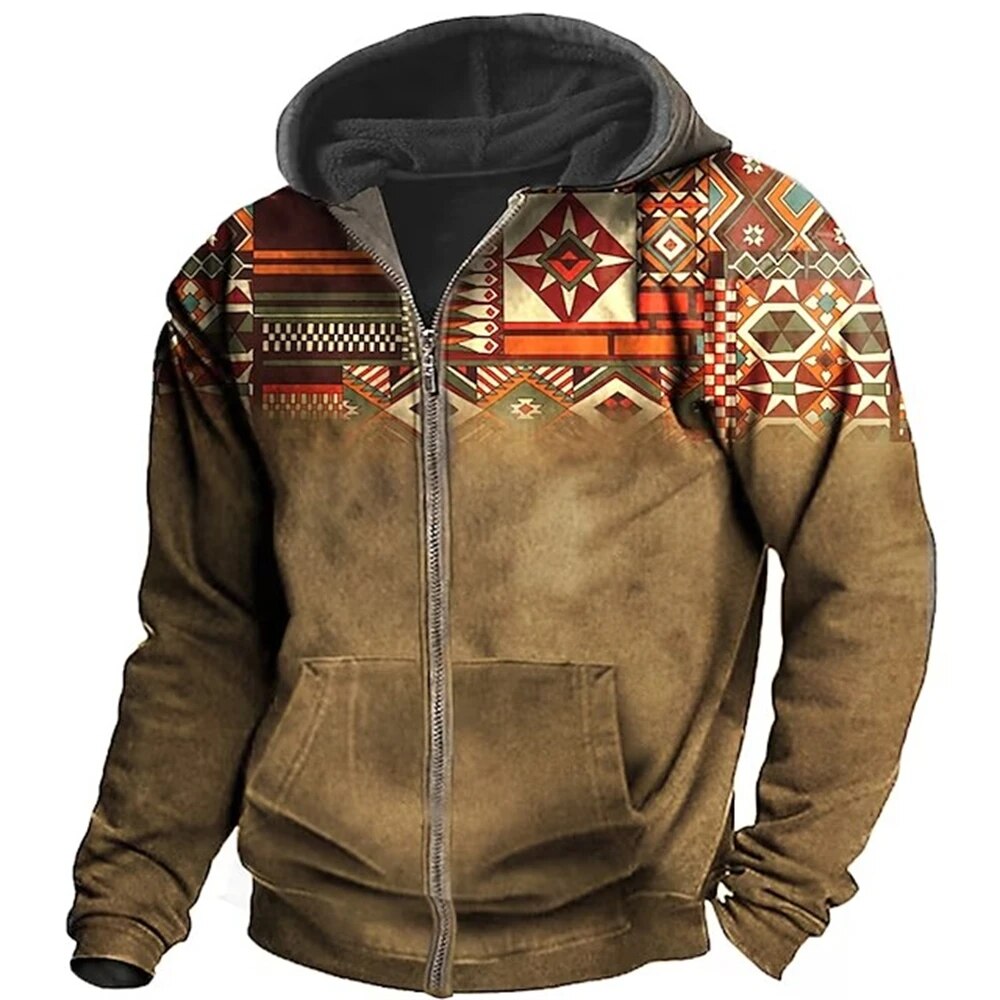 Veste polaire à capuche homme zippée à motif aztèque 2