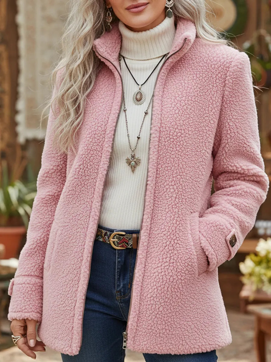 Veste polaire femme mi-longue à col montant et fermeture zippée 1