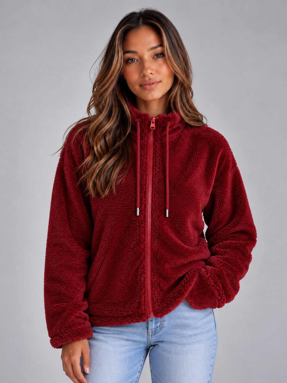Veste polaire teddy femme à col montant et fermeture zippée 4