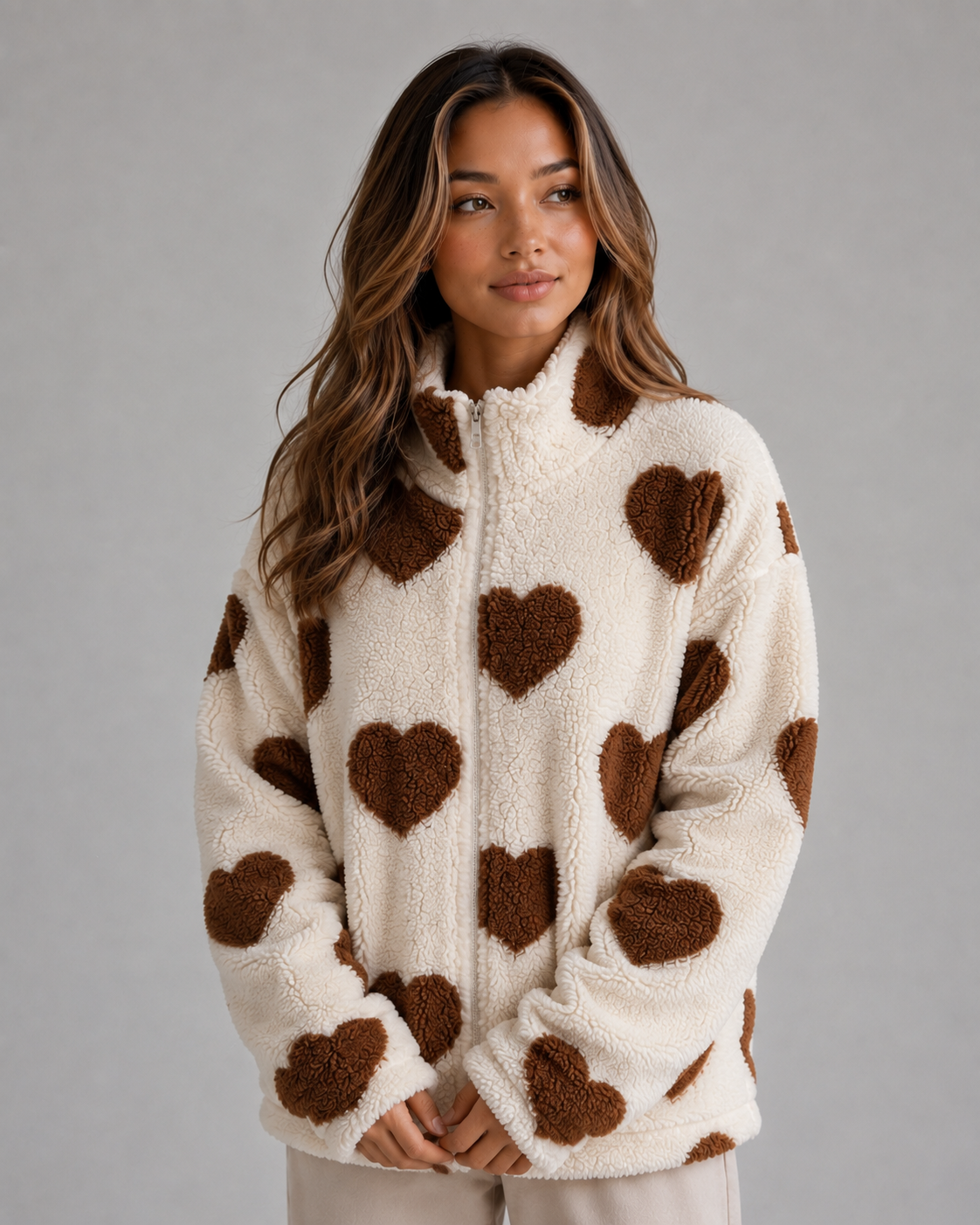 Veste polaire teddy femme à motif cœur à col montant 2
