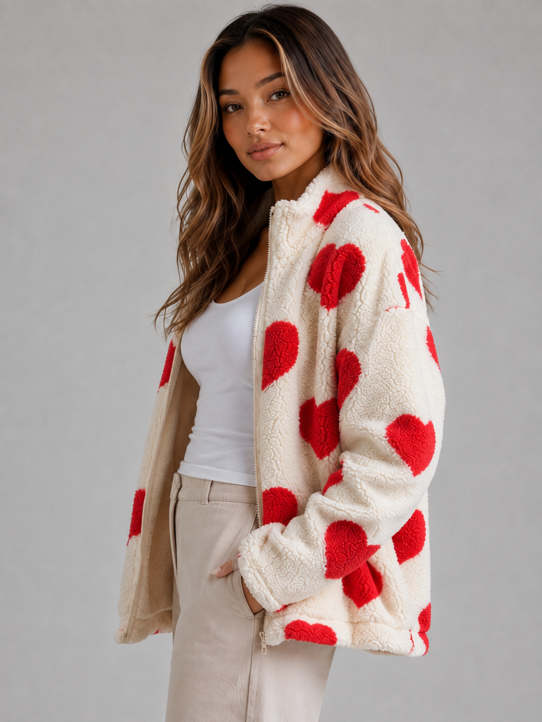 Veste polaire teddy femme à motif cœur à col montant 5